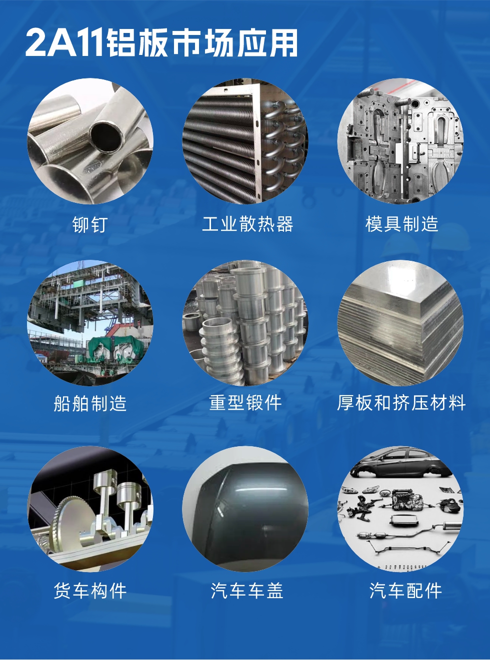 2a11鋁板市場(chǎng)應(yīng)用：

鉚釘、工業(yè)散熱器、模具制造、船舶制造、重型鍛件、厚板和擠壓材料，貨車(chē)構(gòu)件、汽車(chē)車(chē)蓋、汽車(chē)配件等領(lǐng)域。